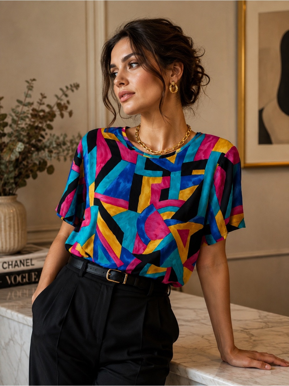 Vintage 80’s Company Paris Women’s Inspired Geometric Print Boxy blouse size S